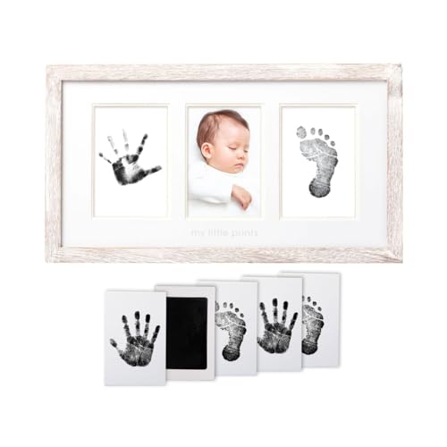 Image of Pearhead My Little Prints Newborn Handprint & Footprint Frame Kit - No Mess Clean Touch Ink Pad, Gender-Neutral Keepsake, Ideal Shower Gift, Nursery Decor, Distressed Wood