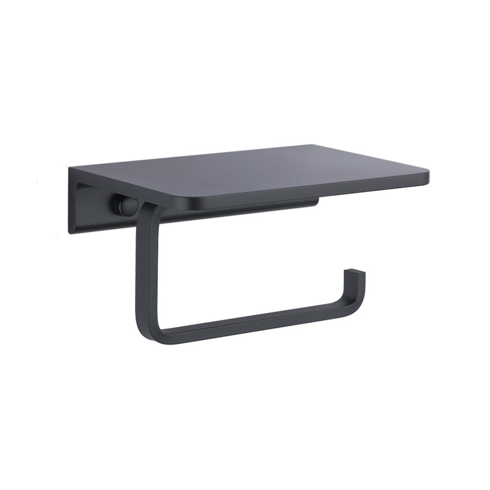 Double porte-serviettes 55cm noir mat en aluminium avec étagère et support téléphone de salle de bain