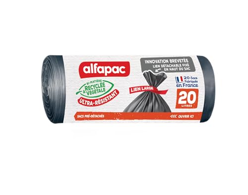 ALFAPAC Sacs Poubelle à Lien Large Ultra Résistant 74% Recyclé et 15% Végétal Fabrication Française 20 x