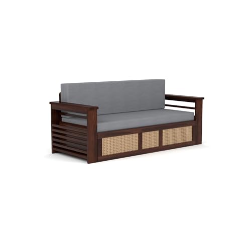 Image of Mamta Furniture Sheesham Wood Sofa Cum Bed with Storage Rattan Cane Design Wooden Sofa Set for Living Room Bedroom 3 Seater Convertible Sofa Bed in Walnut Finish