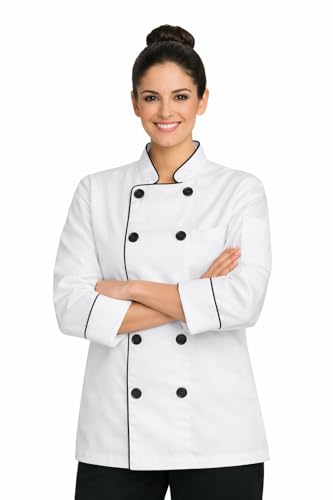 Image of Same Fit Women Chef Coat for Hotel Restaurant & Kitchen Staff | White Chef Uniform with Black Piping | Professional Chef Jacket for Women