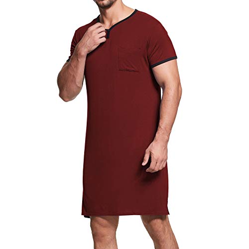 Lu's Chic Men's Nightshirt For Sleeping Henley Pajama Top Short Sleeve V Neck Nightgown Sleep Gown Loose Loungewear Sleeping Long Soft Sleepwear Knee Length Shirt Casual Nightwear Plain Red X-Large #TOP4