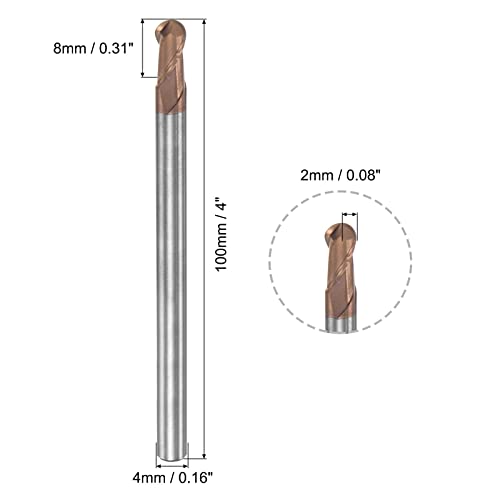 Image of uxcell Ball Nose End Mill 2mm Tip Radius Solid Carbide AlTiSin Coated CNC Router Bits 2 Flute Spiral Milling Cutter HRC55 with 4mm Shank 100mm (4-inch) Length