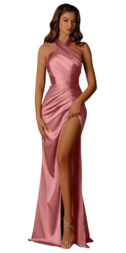 Image of Halter Satin Bridesmaid Dresses Long with Slit for Women Mermaid Prom Dress Pleated Formal Gown Evening Dress