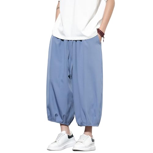 [Fasshonrida] アラジンパンツ メンズ 7分丈 ワイドパンツ 大きいサイズ バルーン ステテコ 袴風 ボトムス イージー サルエルパンツ ゆったり バギーぱんつ 涼しい 夏用 ボンタン 半ズボン カジュアル 速乾 ストレッチ 春 夏 男女兼用 部屋着 日常着 ダンス ヨガ リラックス smoke blue XLの商品画像（Amazon）