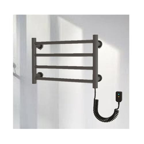 Tendedero calefactable de bajo Consumo, Gris, con Enchufe a la Derecha, 4 Barras, toallero calefactable para baño, Montaje en Pared, Enchufe pequeño.