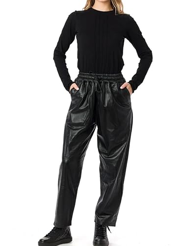 Jild Real Lambskin Leather Pants for Women Comfortable Drawstring Versatile Design Elastic Waistband with Relaxed Fit
