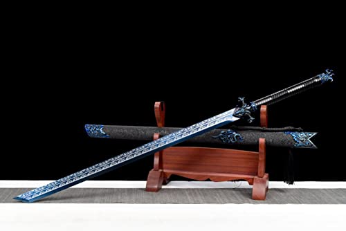 LOONGSWORD Dragon Tang Dao Sword – Hand-Forged High Carbon Steel Blade, Blue Alloy Fittings, Black Scabbard – Chinese Collectible & Martial Arts Display Sword
