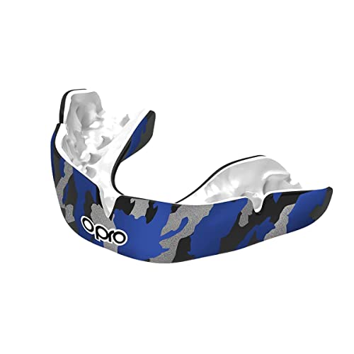 OPRO Instant Custom-Fit Mouth Guard, Dentist Mouthguard Featuring Revolutionary Fitting cage for Ultimate Comfort, Protection and Fit, Gum Shield for Rugby, Boxing, Hockey, MMA (Blue Camo, Adult)