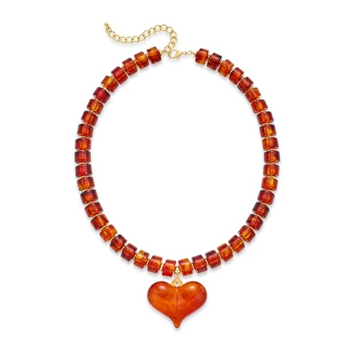 Y2k Large Acrylic Heart Necklaces for Women Chunky Puffy Heart Pendant Necklace Exaggerated Statement Love Beaded Choker Necklace Jewelry- Amber