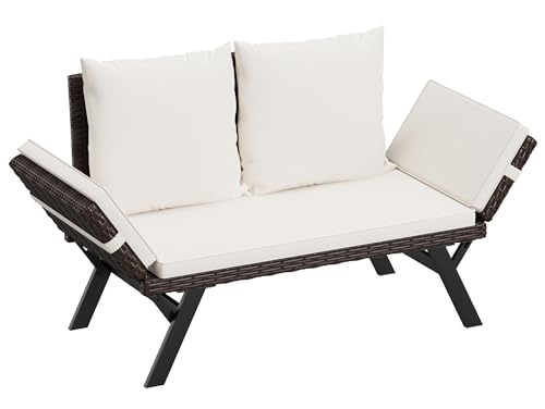 Flamaker Outdoor Cabrio Sofa, gewebte Rattan-Terrassenmöbel, Sonnenliege mit verstellbaren Armlehnen, abnehmbaren Kissen und Kissen für Terrasse, Veranda, Pool (braune Liege & beigefarbener