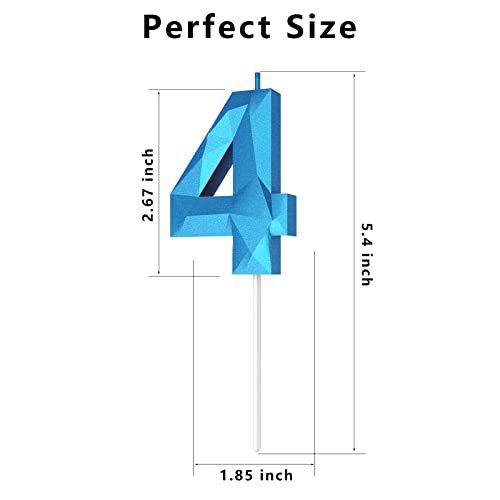 Number Birthday Candles(4 Candle Blue) 3D Diamond Shape Number Happy Birthday Cake Candles for Birthday Party Wedding Decoration Reunions Theme Party