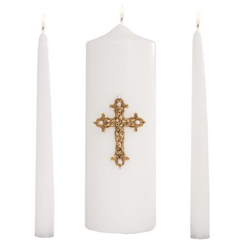 Wedding Unity Stumpenkerzen-Set, 23 cm, goldfarbenes Metallkreuz und 25,4 cm, tropffrei, Weiß