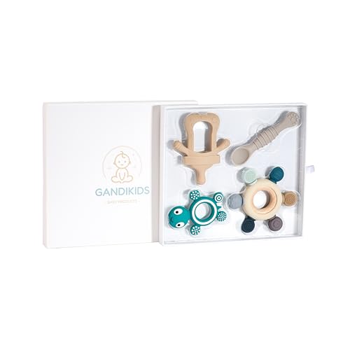 Baby Silicone Teething Ring Teether Gift Set for Boys and Girls Over 3 Months Soothes Gums Fits Small Hands Ergonomic Design Set of 4 Toys Ideal Gift Box BPA Free