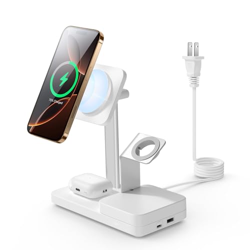 ESR 65W 4-in-1 GaN Wireless Charging Station(5-in-1 Stand), Designed for MagSafe Charger Stand, Magnetic Wireless Charger for iPhone 17/16/15/14/13, AirPods Pro/3/2, and USB A/C Devices, White