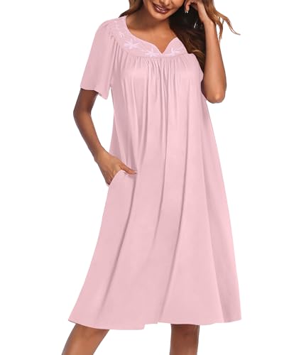 Image of Ekouaer Moo Moos for Women House Dress With Pockets Cotton Nightgowns Short Sleeve Night gowns Embroidered Mumu Dress