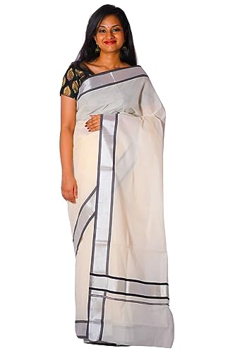 Image of Women's Kerala Traditional Cotton Kasavu Saree with Running Blouse | Sari for Weddings, Festivals, Temple Visits, Onam Vishu & Regular Wear