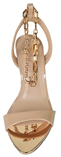 Delicious Shoe's Women Stiletto High Heels Anklet Gold Chain Lock Ankle Strap Open Peep Toe Pointed Reflective Surface Golden Mirror Scarlet-S4