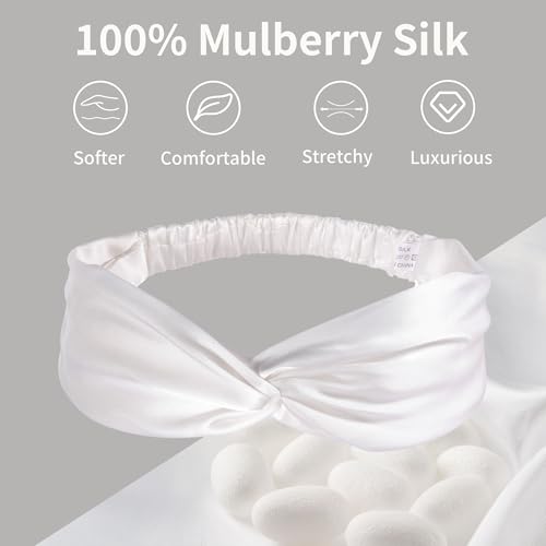 Image of ZLYC Mulberry Silk Headband for Women's Hair Elastic Hairband, Solid White | smooth luxury real silk, stretch elastic no slip fit, makeup spa skincare use, travel daily wear,boho fashion hair accessory