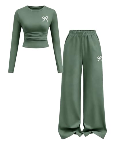 Image of Tween Girls Clothes Long Sleeve Bow Knot Print Top + Wide Leg Pants 2 Piece Outfit Set, Size 7-16 Years