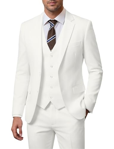 Image of Men's 3 Piece Slim Fit Suit Set, Two Button Blazer Solid Jacket Vest Pants Wedding Business Suit