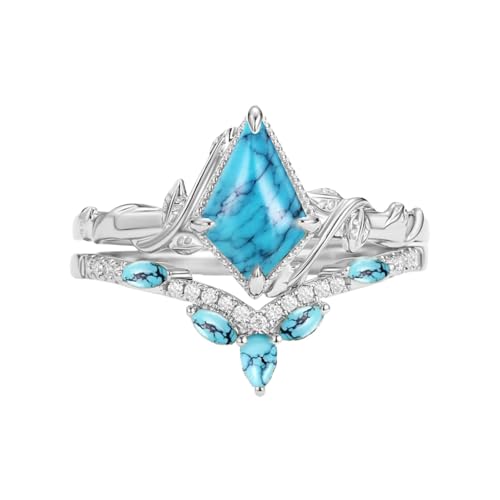 1CT Turquoise Wedding Ring Set for Women Nature Inspired Twisted Turquoise Engagement Rings S925/10K/14K/18K Gold Bridal Ring Set for Wife Her