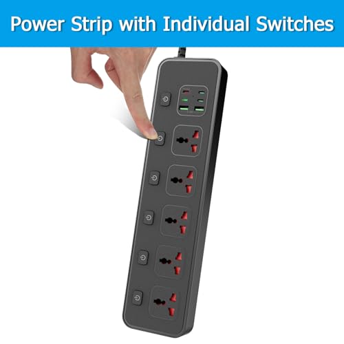 Extensión Jumpso con 5 tomas universales y 6 puertos USB, cable de 1.83 m, 110V, 3000W, puerto USB-C PD 30W miniatura 5