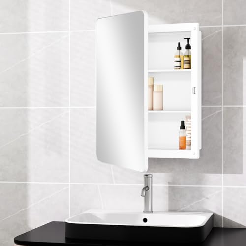 Fundin Kunststoff-Spiegelschrank mit rahmengerahmter Tür mit runden Ecken, Einbau- und Aufputzmontage, weiß, 40 x 61 cm