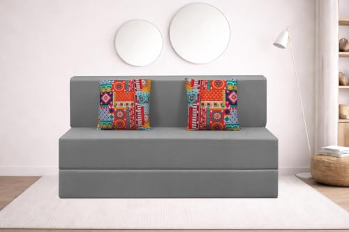 Image of Rosebell Two Seater Foldable Sofa Cum Bed (4x6 Feet) Jute Fabric, Washable Removable Cover, Includes 2 Cushion | Space Saving Sofa Bed for Home, Office & Guests - Grey