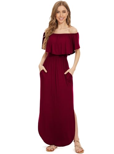 Image of LILBETTER Womens Off The Shoulder Ruffle Party Dresses Side Split Beach Maxi Dress