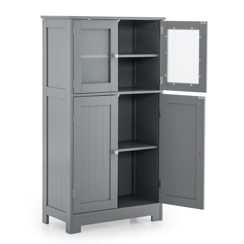 LIFEZEAL Mueble de Baño, Armario de Suelo con Estante Ajustable, Armario con Doble Puerta de Cristal, Mueble de Almacenaje de Madera para Cocina, 30x60x109 cm (Gris)