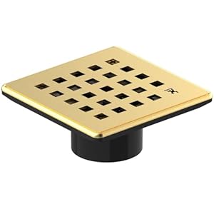 GURU USA Evo Lite Plus Square Stainless Steel Shower Drain with ABS Base & Hair Strainer, Bathroom Accessories for Shower Floor Drainage, Plus Gold