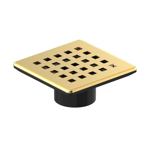 GURU USA Evo Lite Plus Square Stainless Steel Shower Drain with ABS Base & Hair Strainer, Bathroom Accessories for Shower Floor Drainage, Plus Gold