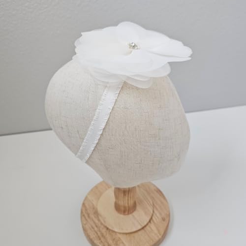 Baby Headbands White Flower Headband for Baby Girls, Big White Bow with Rhinestone, Pearl, Toddler Headband Infant White Bows for Hair, Baptism Gift, Christening, Photo Shoot