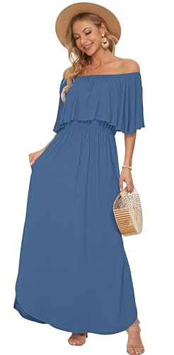 Image of AUSELILY Womens Off Shoulder Ruffle Split Summer Maxi Dresses with Pockets | Off-shoulder Ruffle dress with empire waist & side split for summer beach and casual parties