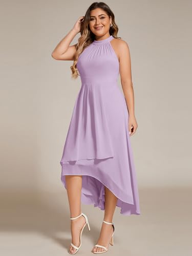 Image of Ever-Pretty Plus Women's Sleeveless Halter A Line Pleated High Low Plus Size Wedding Guest Cocktail Dresses 31926-DA