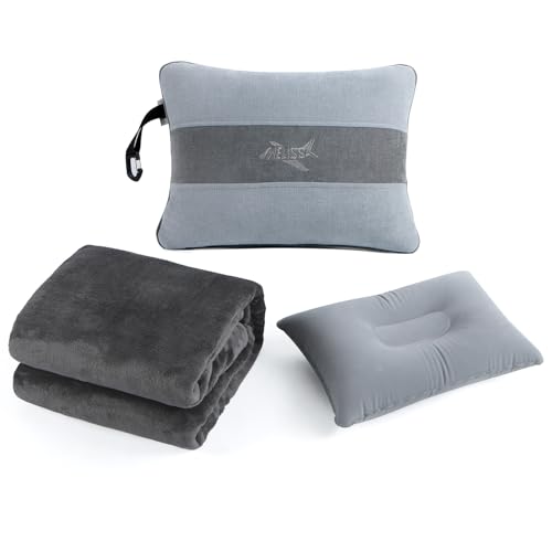 Melissa Large Travel Blanket and Inflatable Pillow Set - 69“ x 43.3” – Soft Blanket with Carry...