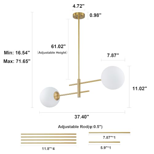 Image of Modern Milk Glass Globe Linear Chandelier, 37.40 inch 2-Lights Gold