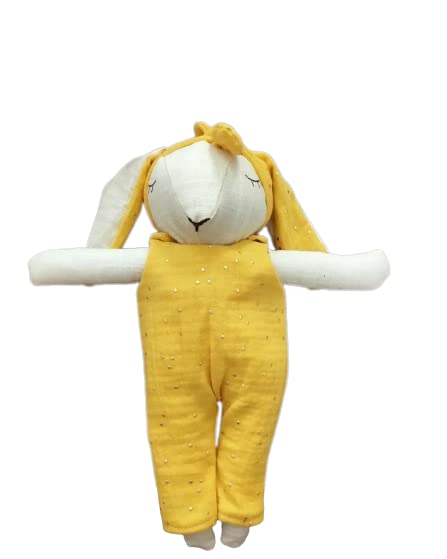 Peluche en lin lapin moutarde, doudou double gaze fait main en France