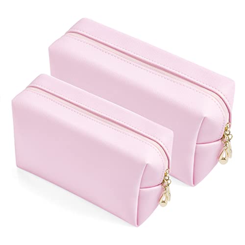 Sohynca 2pcc set PU Leather Cosmetic Bag for Women Minimalism Makeup Bag for Daily Use Portable Storage Purse Small Neat Cosmetic Pouch Water-resistant Toiletry Bag for Travel (Voilet Pink)