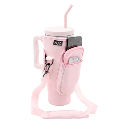 BOZ Funda Botella Agua – Funda Neopreno Botella con Bolsillo para Teléfono – Portabotella con Correa Ajustable 1,2 litros – Funda Cantimplora (Rosa)