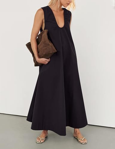 Image of Women Flowy Maxi Dress Ruched Sleeveless Long Dress Vacation Fashion Summer Casual Loose Fit Sundress with Pockets