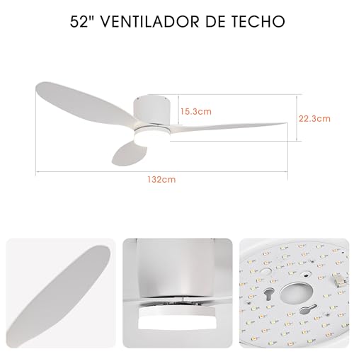 Miniatura 5 de Parrot Uncle Ventilador De Techo Abs Con Luz Led 24w, Mando A Distancia, 6 Velocidades, Ultra Silencioso, 3 Aspas 132 Cm De Diámetro, Función Verano-Invierno, Temporizador, Blanco