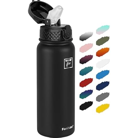 Fanhaw 20 Oz Stainless Steel Insulated Sports Water Bottles with Straw for Kids, Men and Women (Black) Cover