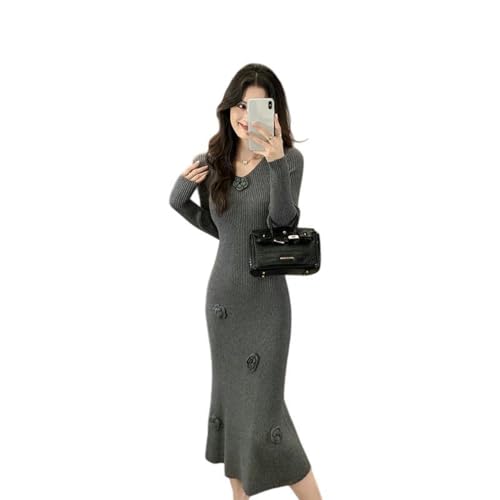 Robe en tricot moulante fleurie en relief 3D et décolleté col en V