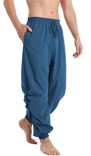PACEIADTA Mens Cotton Linen Drawstring Pants Elastic Waist Casual Jogger Yoga Pants, Blue, 30
