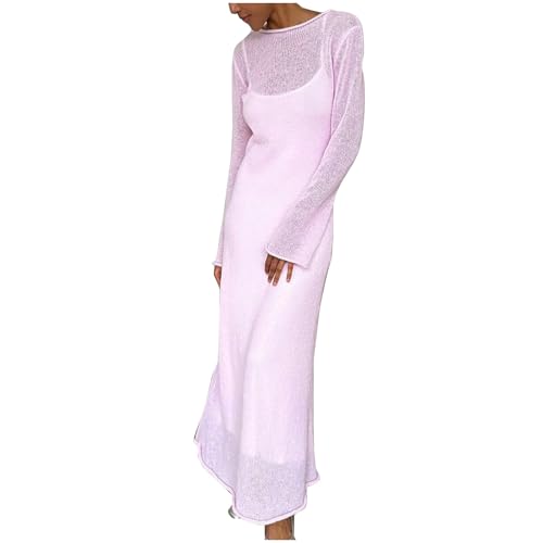 HGps8w Womens Knit 2 Piece Outfits Sexy Crochet Coverups Maxi Dress with Spaghetti Strap Beach Cami Dress Swimwear Sets