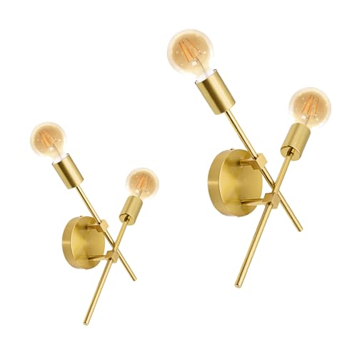 2 Packs Lámpara de Pared Interior Vintage Dorado, Apliques Pared Interior Moderno Industria E27, Metal Ajustable Luz de Lampara 2 Luces para Dormitorio Para Salón, Comedor, Pasillo (Sin Bombilla)
