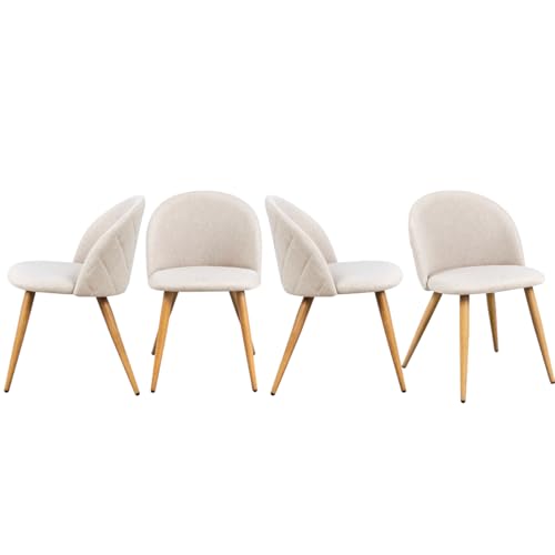 FurnitureR Lot de 4 Chaises de Salle à Manger Modernes en Forme de Coquillage, Tissu Beige Doux avec Pieds en Métal, Sièges de Cuisine Elégants