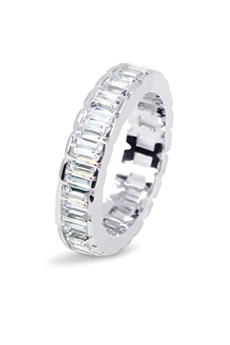 Savlano 18K White Gold Plated Cubic Zirconia Emerald Cut Eternity Ring Band for Women Men